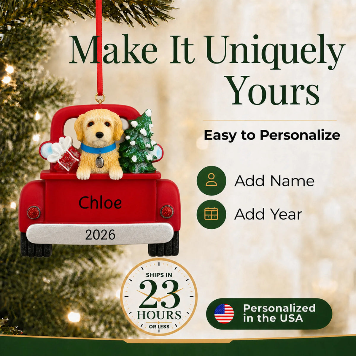 Make it yours: personalize the Labradoodle Vintage Truck christmas ornament with your dog's name and the year