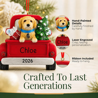 Hand-painted, laser engraved Labradoodle Vintage Truck christmas ornament, ribbon included