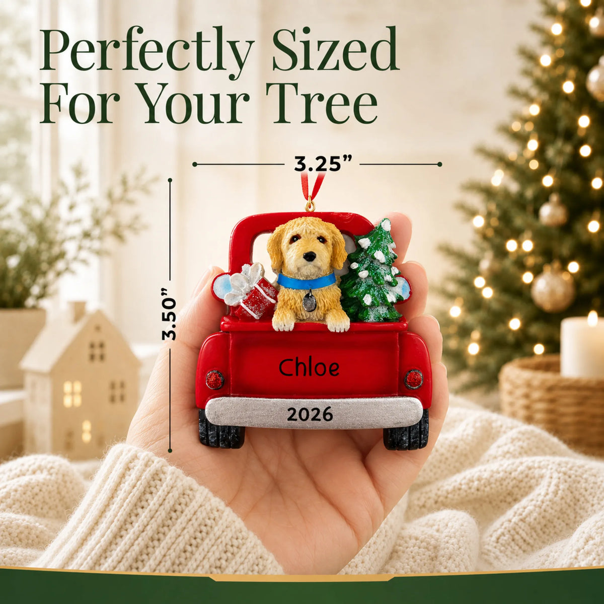 Size guide: the personalized Labradoodle Vintage Truck christmas ornament is 3.25 in wide by 3.50 in tall, shown in hand