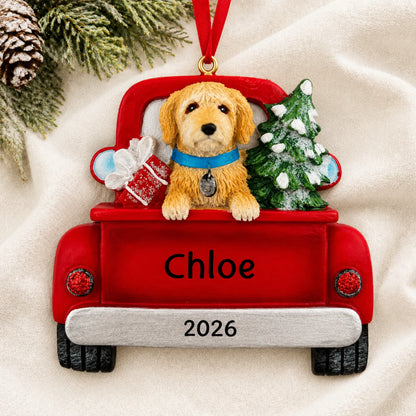 Personalized Labradoodle Vintage Truck christmas ornament laid on a soft white knit blanket