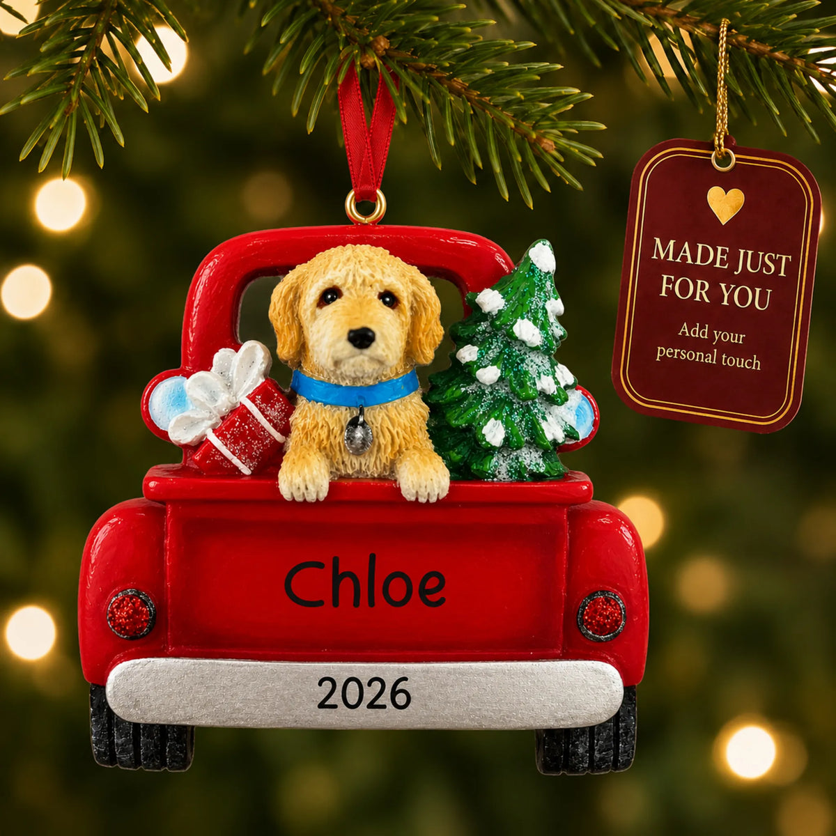 Labradoodle Vintage Truck christmas ornament hanging on a lit Christmas tree with a Made Just For You gift tag
