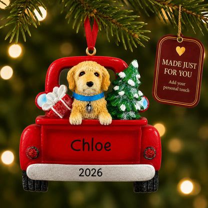Labradoodle Vintage Truck christmas ornament hanging on a lit Christmas tree with a Made Just For You gift tag