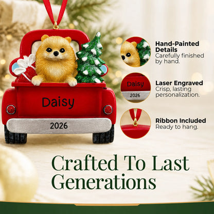 Hand-painted, laser engraved Pomeranian Vintage Truck christmas ornament, ribbon included