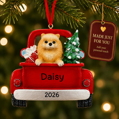 Pomeranian Vintage Truck christmas ornament hanging on a lit Christmas tree with a Made Just For You gift tag
