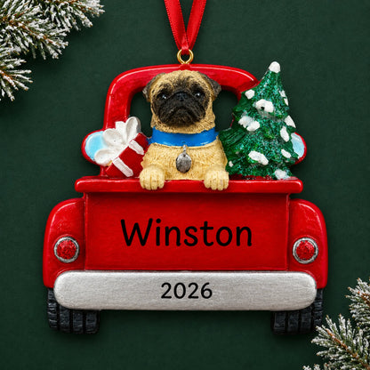 Personalized Pug Vintage Truck christmas ornament on a dark green pine background