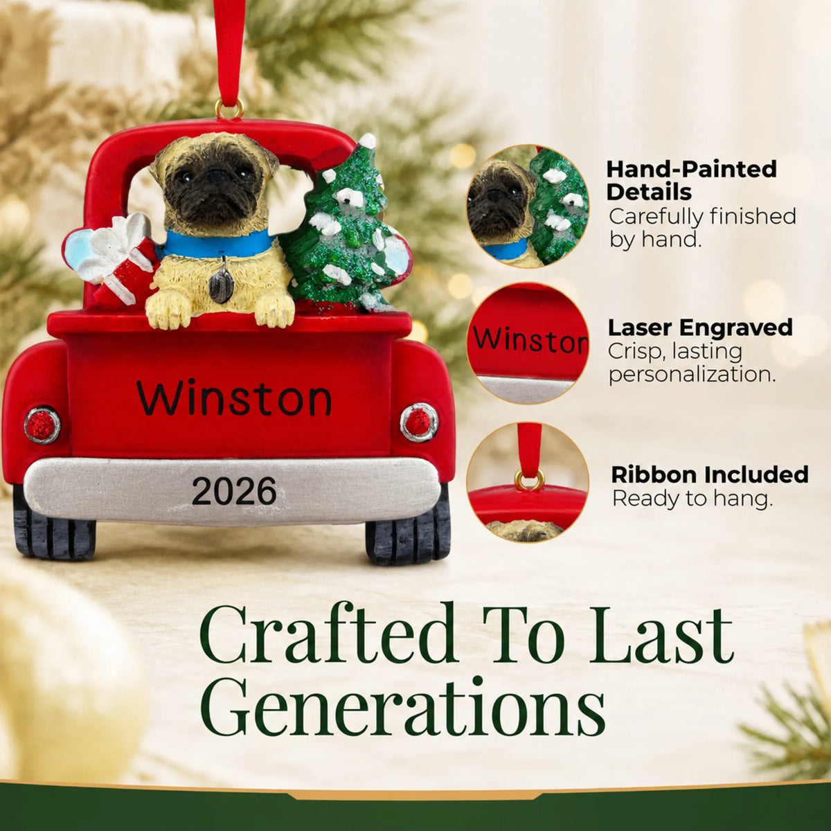 Hand-painted, laser engraved Pug Vintage Truck christmas ornament, ribbon included