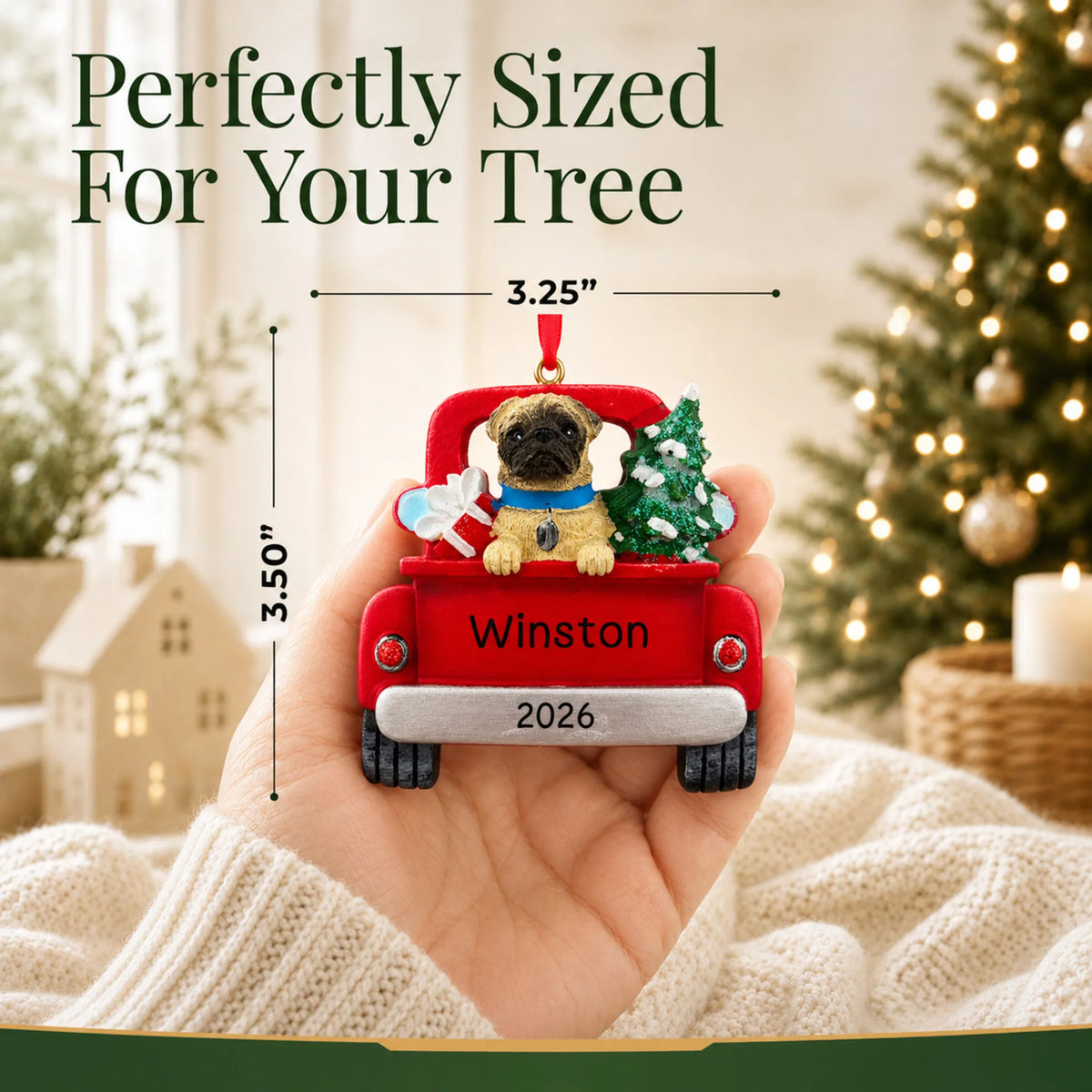 Size guide: the personalized Pug Vintage Truck christmas ornament is 3.25 in wide by 3.50 in tall, shown in hand