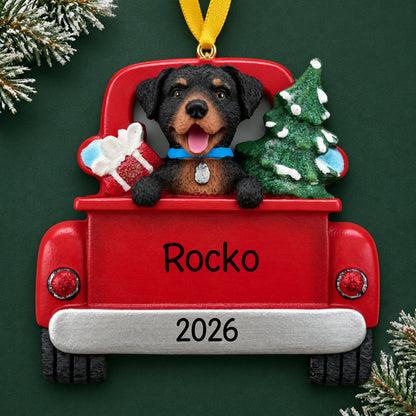 Personalized Rottweiler Vintage Truck christmas ornament on a dark green pine background
