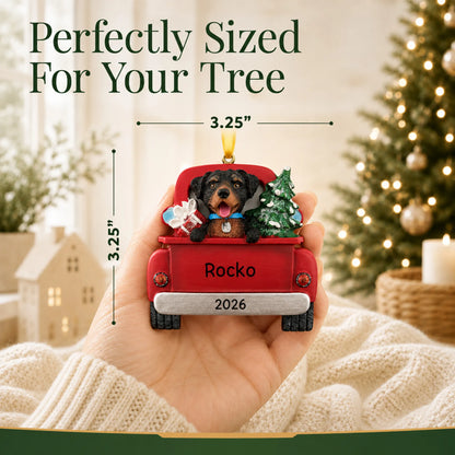 Size guide: the personalized Rottweiler Vintage Truck christmas ornament is 3.25 in wide by 3.25 in tall, shown in hand