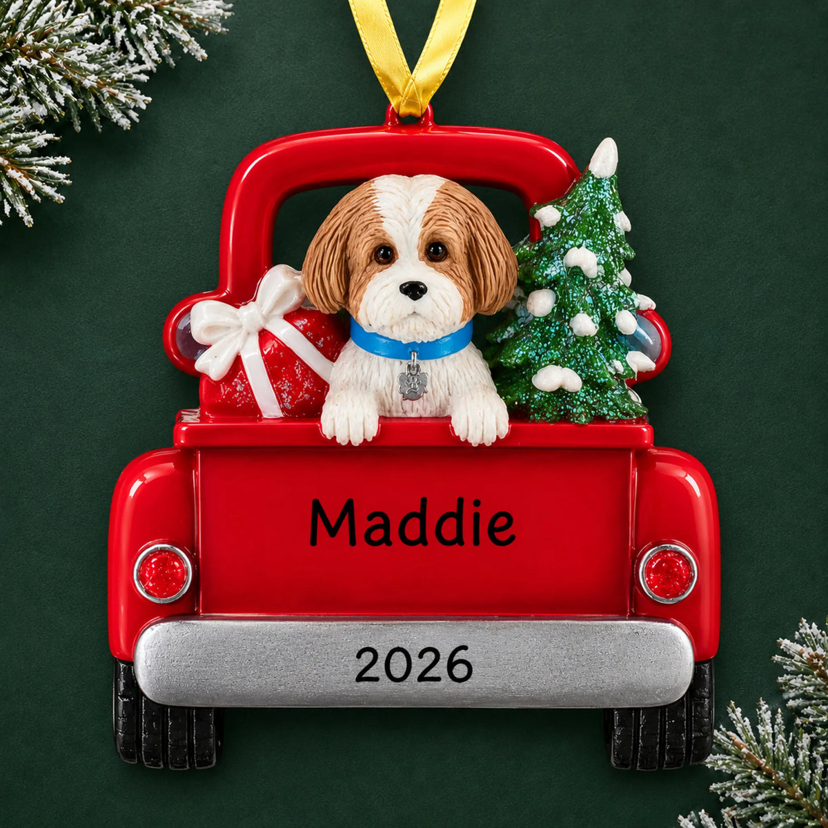 Personalized Tan Shih Tzu Vintage Truck christmas ornament on a dark green pine background