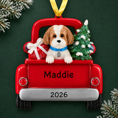 Personalized Tan Shih Tzu Vintage Truck christmas ornament on a dark green pine background