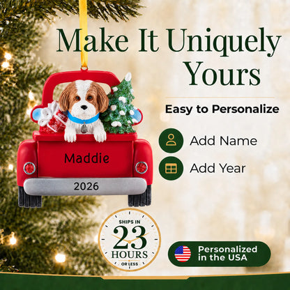 Make it yours: personalize the Tan Shih Tzu Vintage Truck christmas ornament with your dog's name and the year