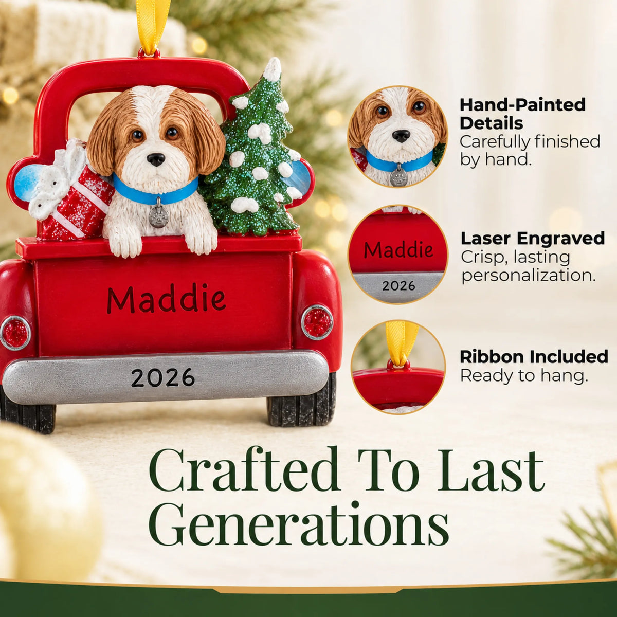 Hand-painted, laser engraved Tan Shih Tzu Vintage Truck christmas ornament, ribbon included
