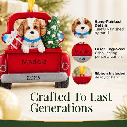 Hand-painted, laser engraved Tan Shih Tzu Vintage Truck christmas ornament, ribbon included