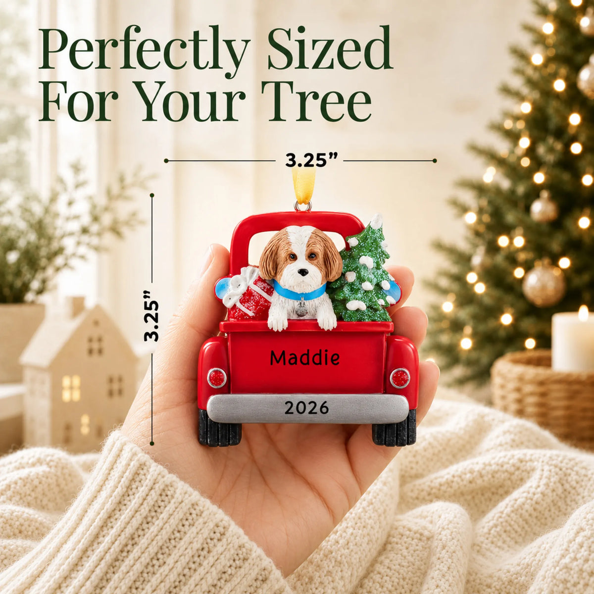 Size guide: the personalized Tan Shih Tzu Vintage Truck christmas ornament is 3.25 in wide by 3.25 in tall, shown in hand