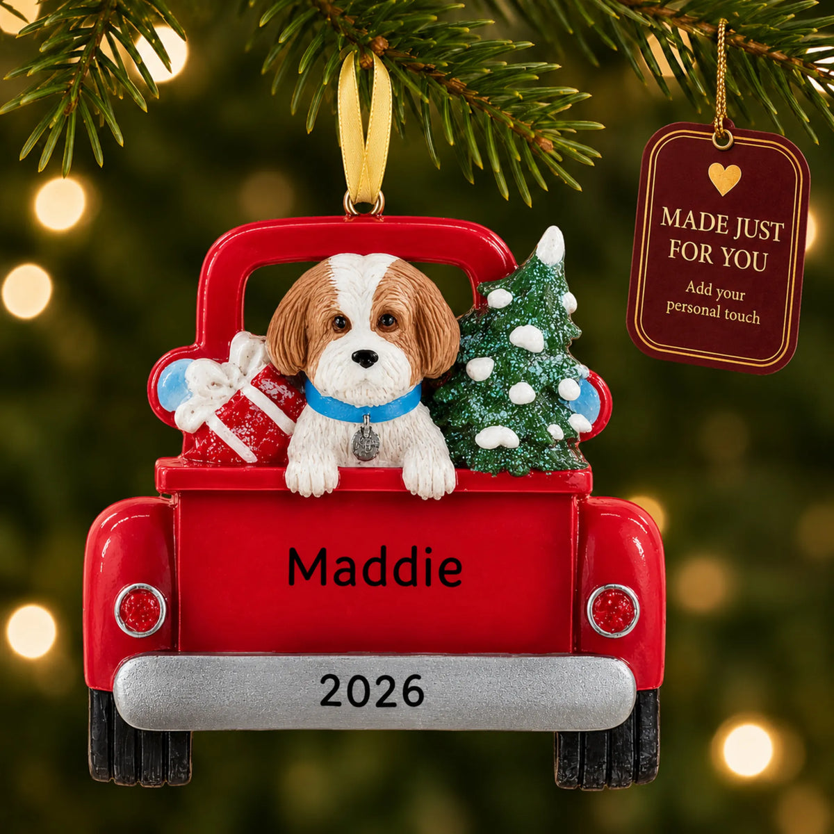Tan Shih Tzu Vintage Truck christmas ornament hanging on a lit Christmas tree with a Made Just For You gift tag