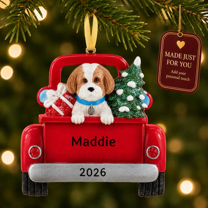 Tan Shih Tzu Vintage Truck christmas ornament hanging on a lit Christmas tree with a Made Just For You gift tag