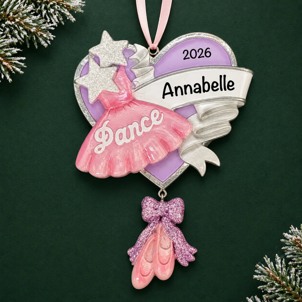 Personalized ballet dance christmas ornament on a dark green pine background