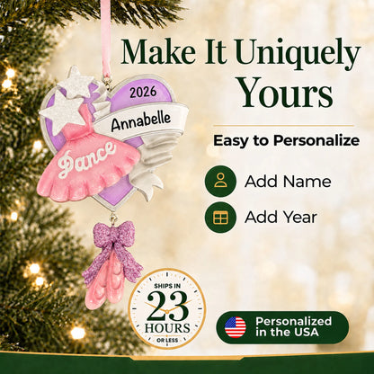 Make it yours: add name and year to the personalized ballet dance christmas ornament