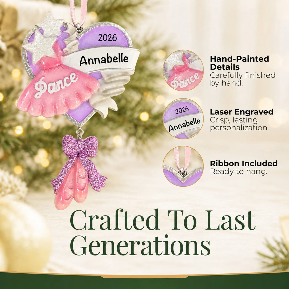 Hand-painted details and laser engraved personalization on the ballet dance christmas ornament, ribbon included