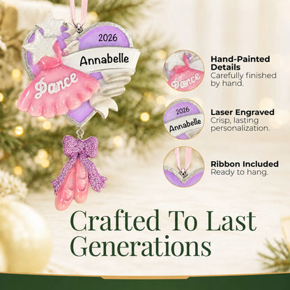 Hand-painted details and laser engraved personalization on the ballet dance christmas ornament, ribbon included