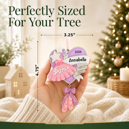 Size guide: the personalized ballet dance christmas ornament is 3.25 in wide by 4.75 in tall, shown in hand