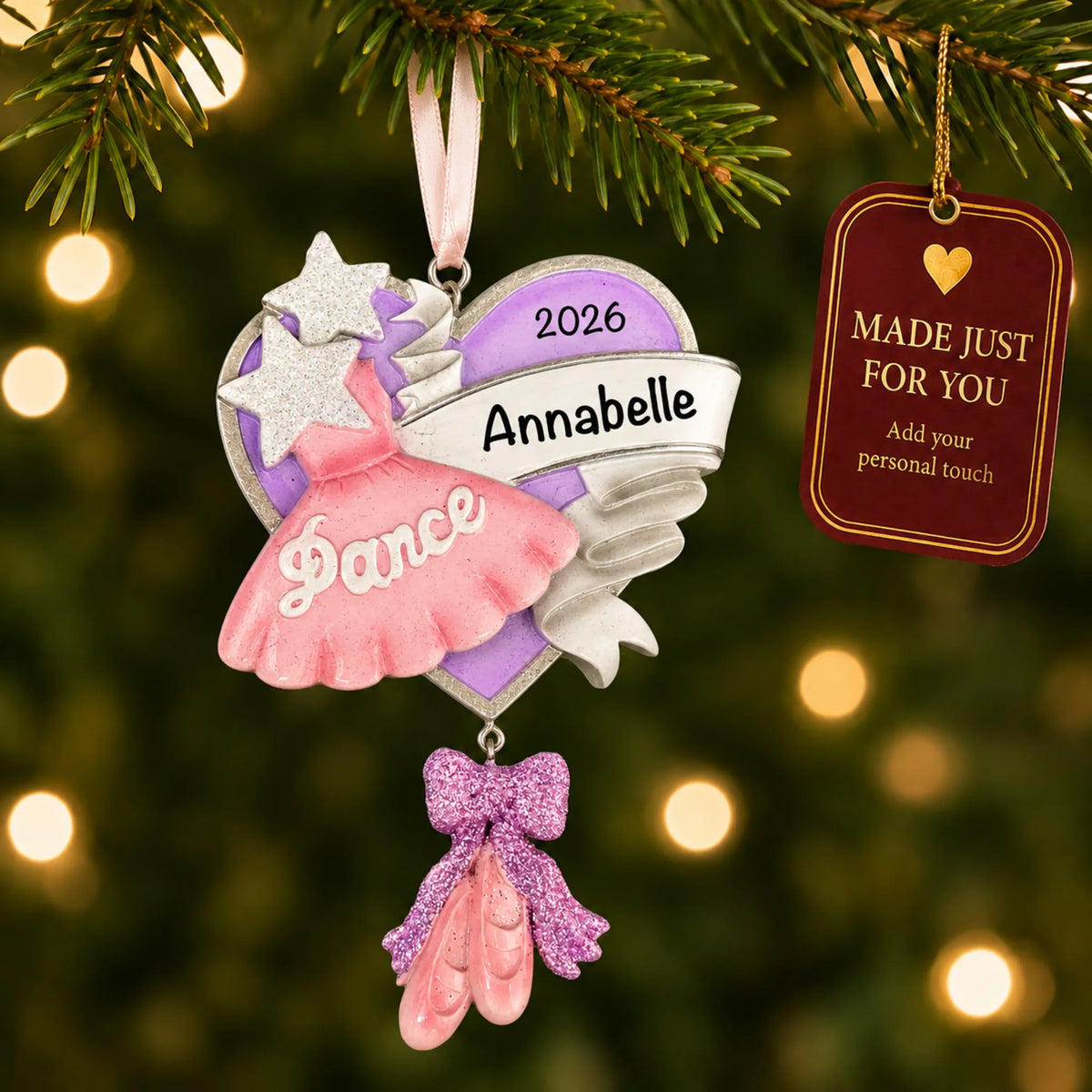 Ballet dance christmas ornament hanging on a lit Christmas tree with a Made Just For You gift tag