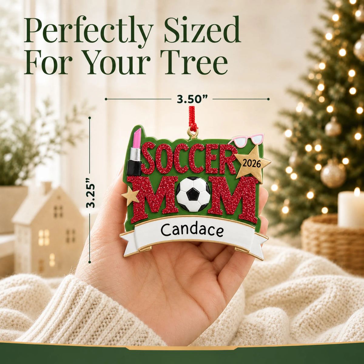 Size guide: the personalized soccer mom christmas ornament is 3.50 in wide by 3.25 in tall, shown in hand