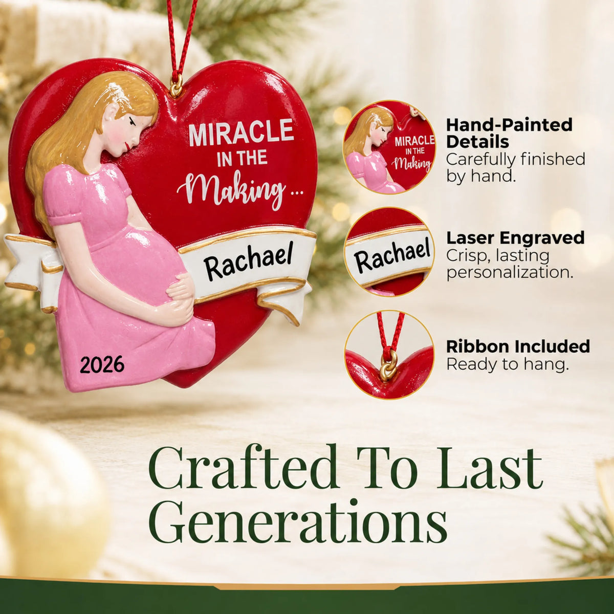 Hand-painted details and laser engraved personalization on the Expecting Mom christmas ornament, ribbon included