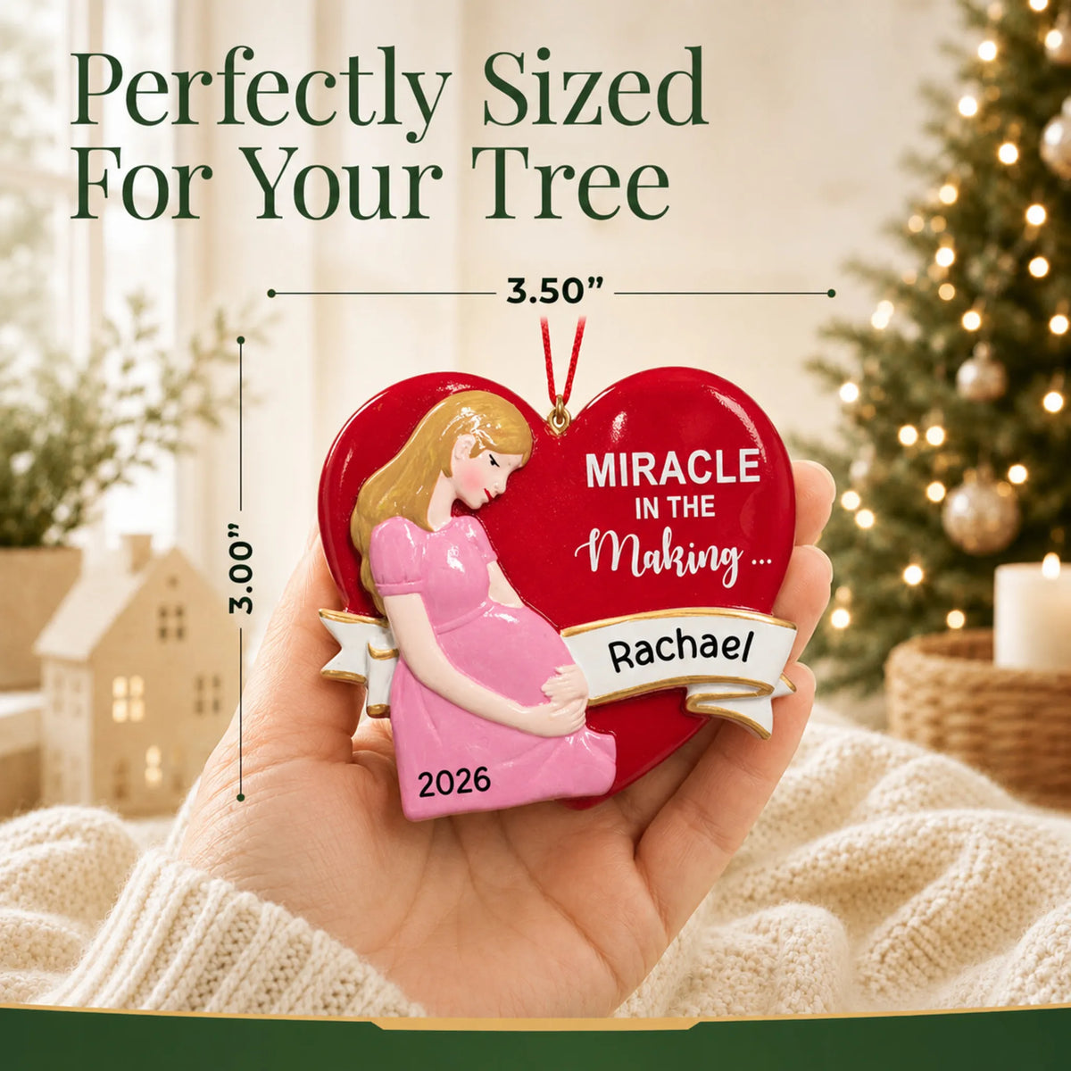 Size guide: the personalized Expecting Mom christmas ornament is 3.50 in wide by 3.00 in tall, shown in hand