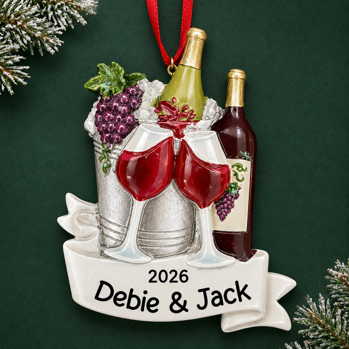 Personalized Wine Lover christmas ornament on a dark green pine background