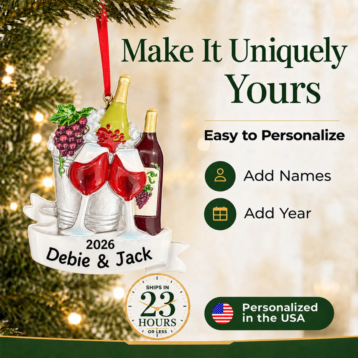 Make it yours: personalize the Wine Lover christmas ornament