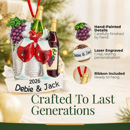 Hand-painted details and laser engraved personalization on the Wine Lover christmas ornament, ribbon included