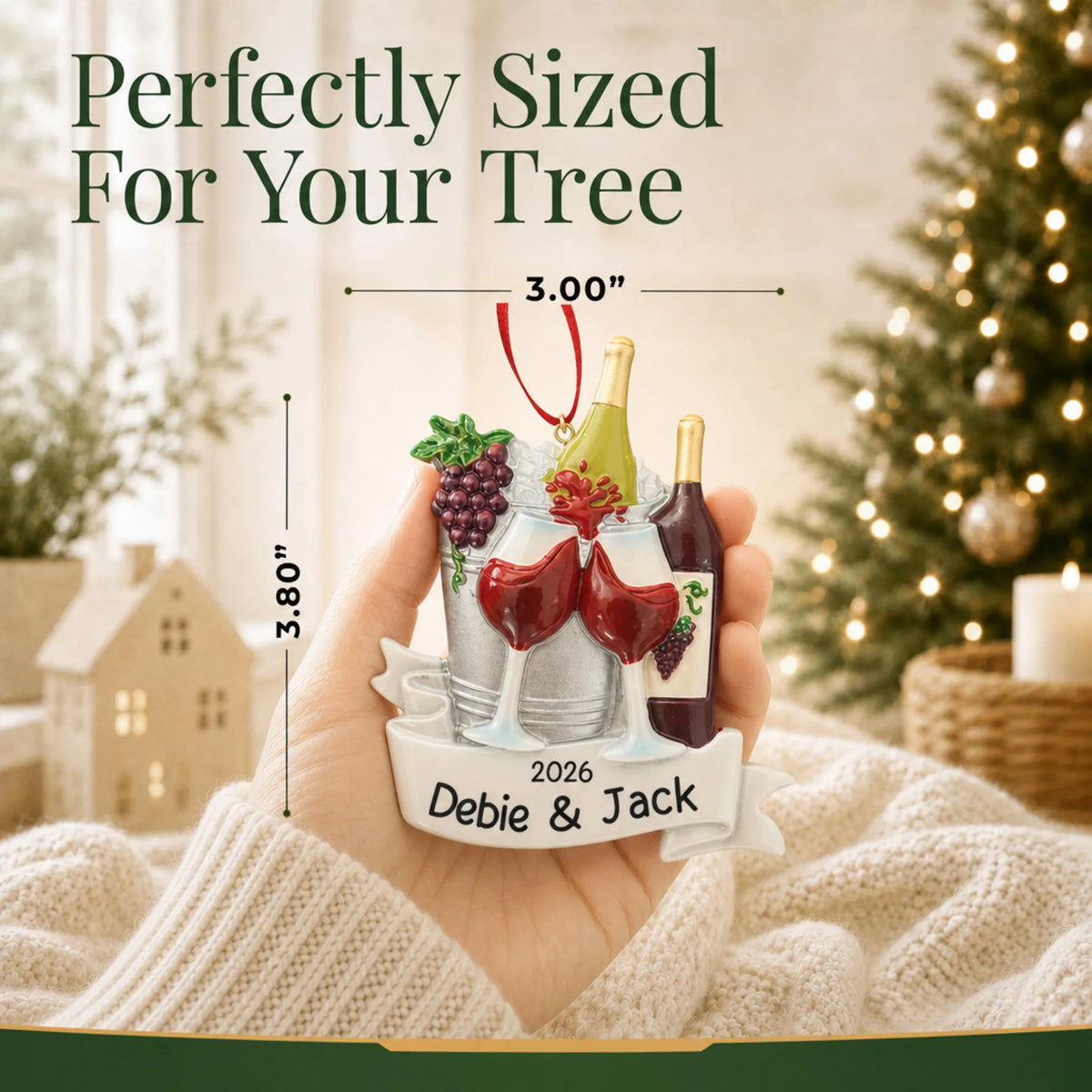 Size guide: the personalized Wine Lover christmas ornament is 3.00 in wide by 3.80 in tall, shown in hand