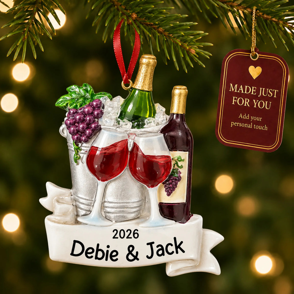 Wine Lover christmas ornament hanging on a lit Christmas tree with a Made Just For You gift tag