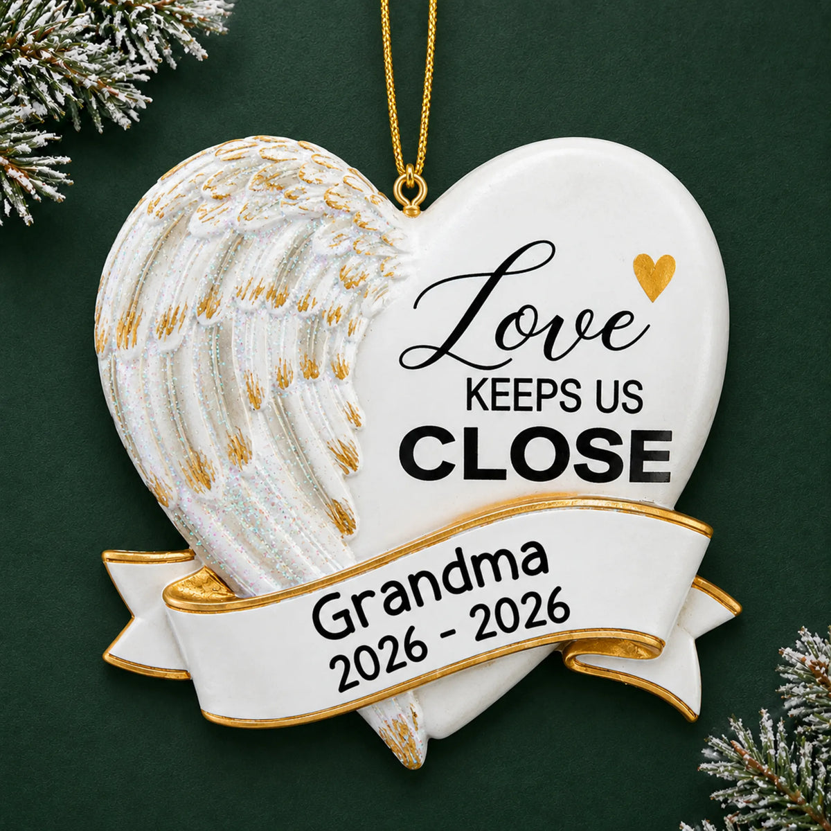Personalized Love Keeps Us Close christmas ornament on a dark green pine background