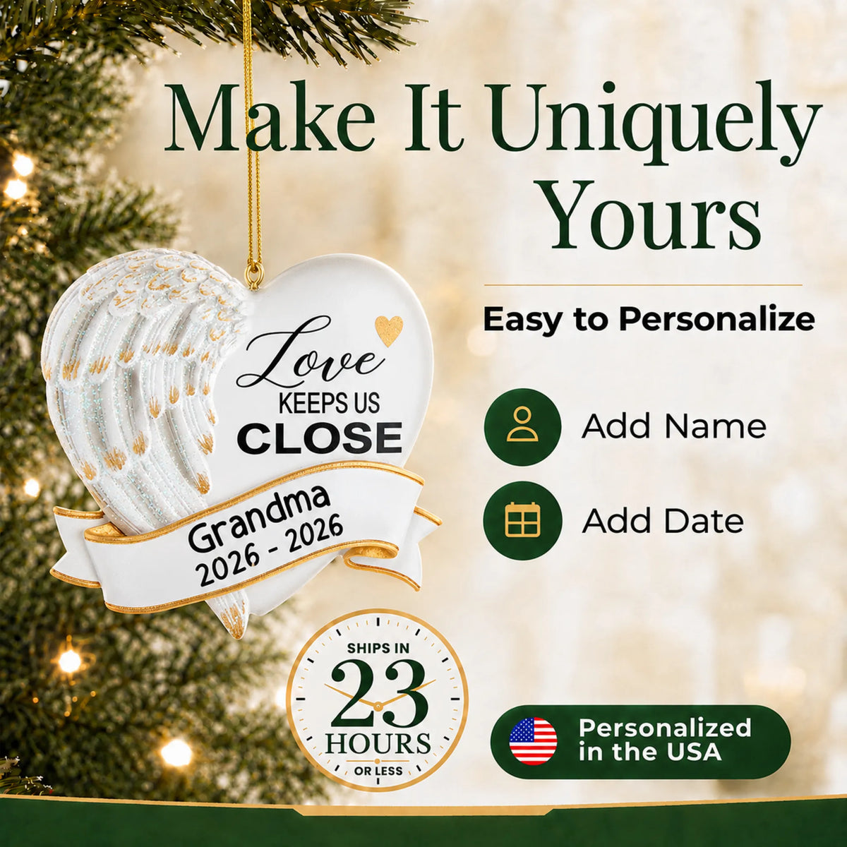 Make it yours: personalize the Love Keeps Us Close christmas ornament