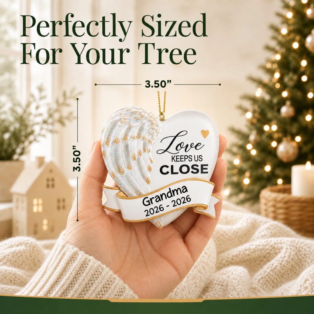 Size guide: the personalized Love Keeps Us Close christmas ornament is 3.50 in wide by 3.50 in tall, shown in hand