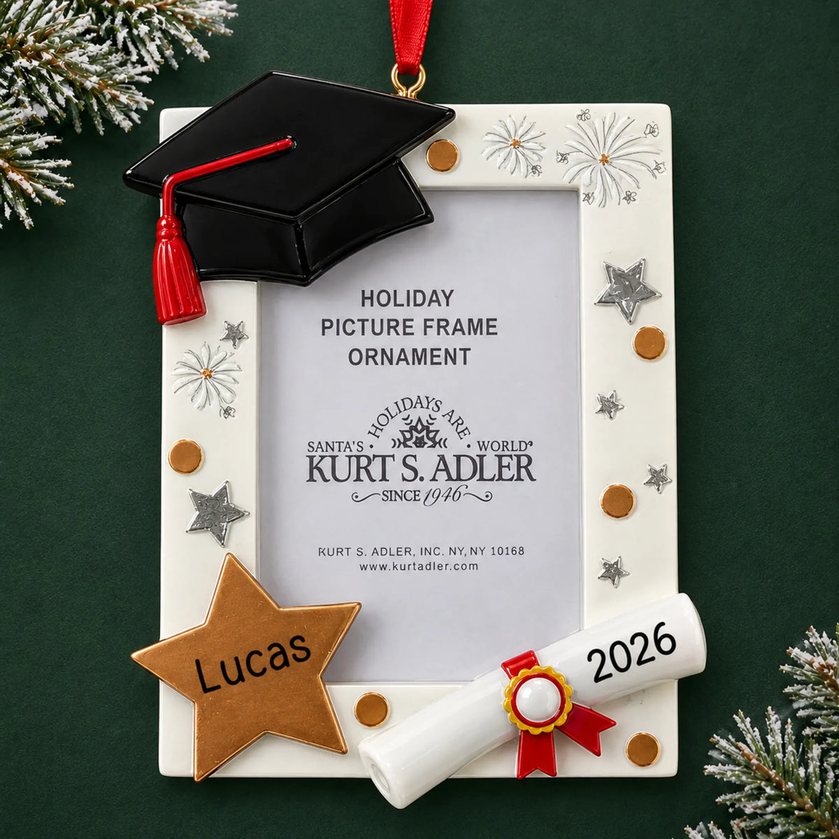 Personalized Graduation Photo Frame christmas ornament on a dark green pine background