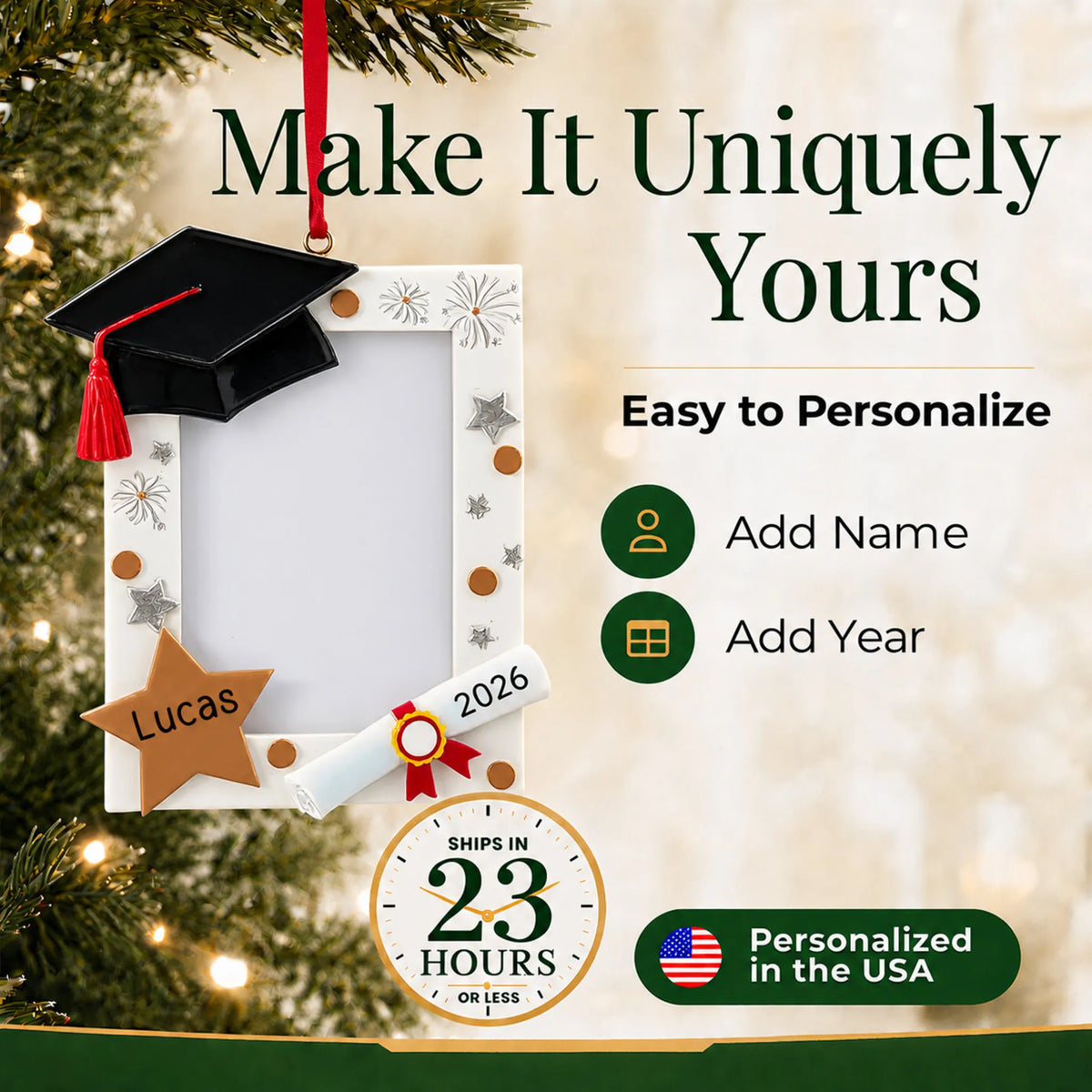 Make it yours: personalize the Graduation Photo Frame christmas ornament with the graduate's name and the year