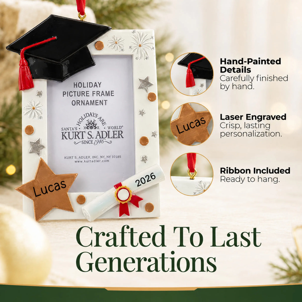 Hand-painted, laser engraved Graduation Photo Frame christmas ornament, ribbon included