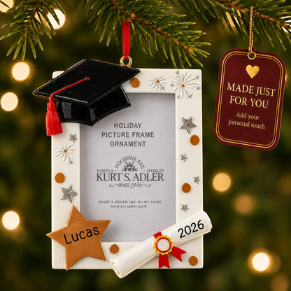 Graduation Photo Frame christmas ornament hanging on a lit Christmas tree with a Made Just For You gift tag