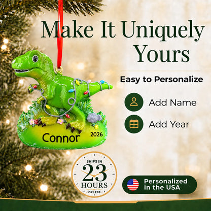 Make it yours: add name and year to the personalized christmas lights t-rex dinosaur ornament