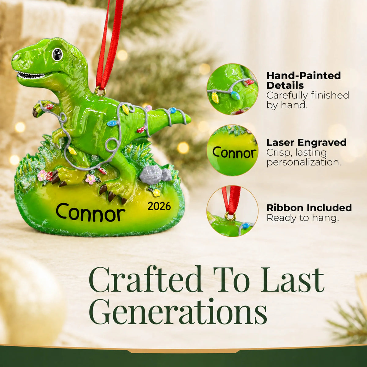 Hand-painted details and laser engraved personalization on the christmas lights t-rex dinosaur ornament, ribbon included