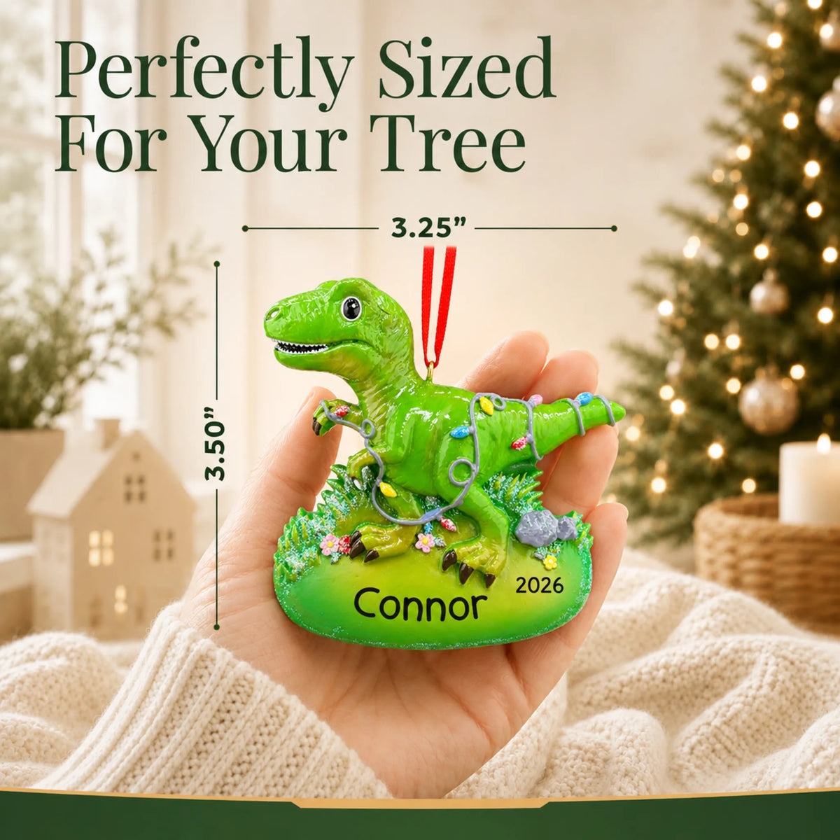 Size guide: the personalized christmas lights t-rex dinosaur ornament is 3.25 in wide by 3.50 in tall, shown in hand