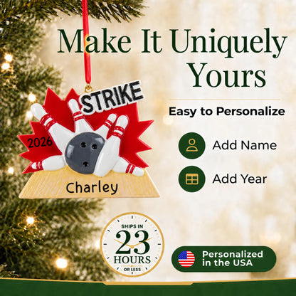 Make it yours: add name and year to the personalized bowling strike christmas ornament