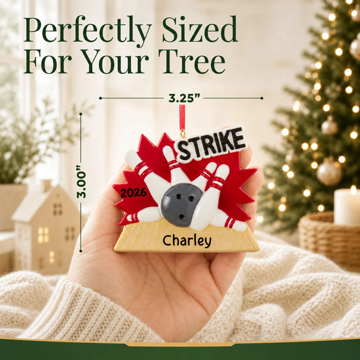 Size guide: the personalized bowling strike christmas ornament is 3.25 in wide by 3.00 in tall, shown in hand