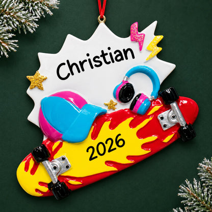 Personalized skateboard christmas ornament on a dark green pine background