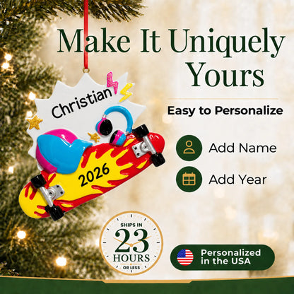 Make it yours: add name and year to the personalized skateboard christmas ornament