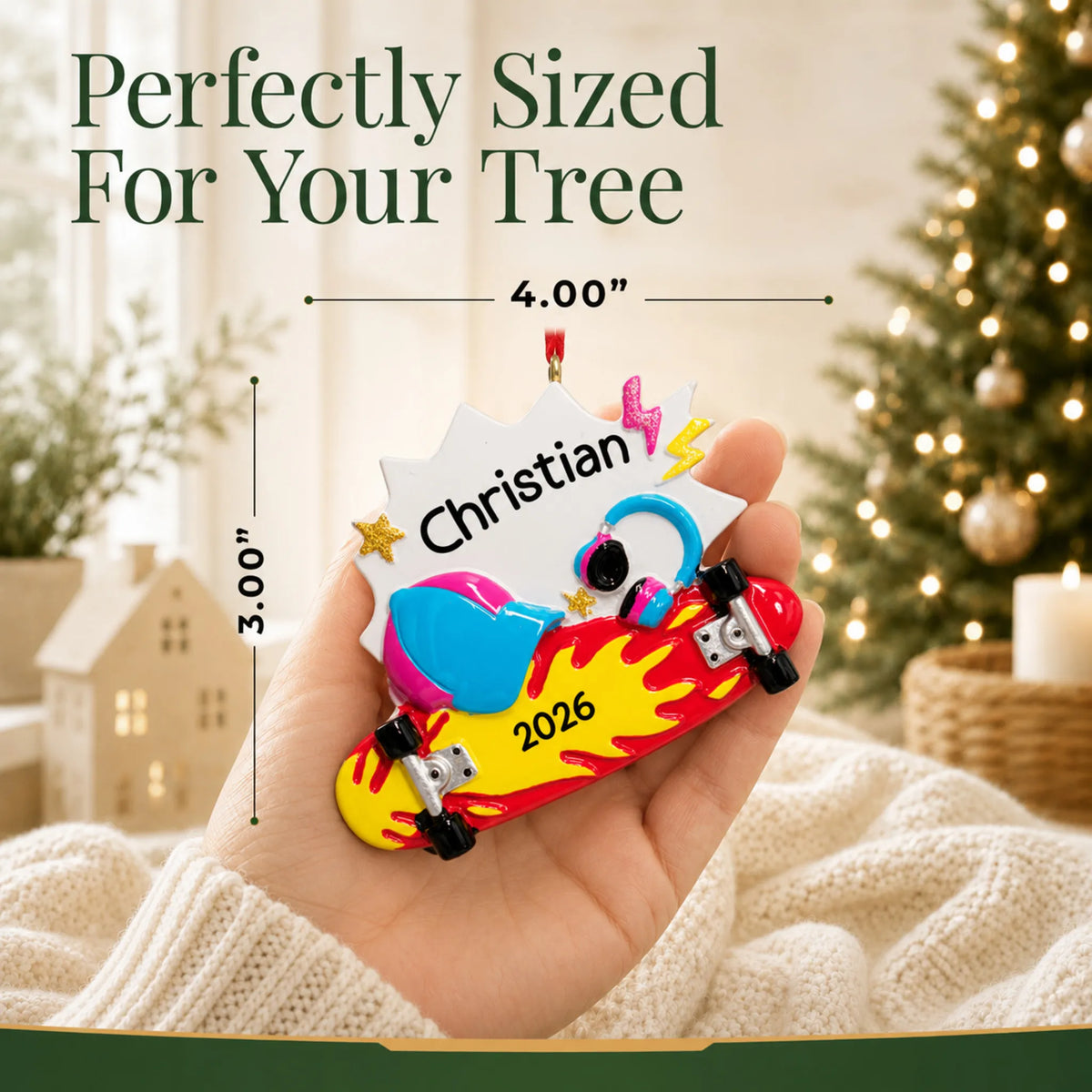 Size guide: the personalized skateboard christmas ornament shown in hand next to a Christmas tree